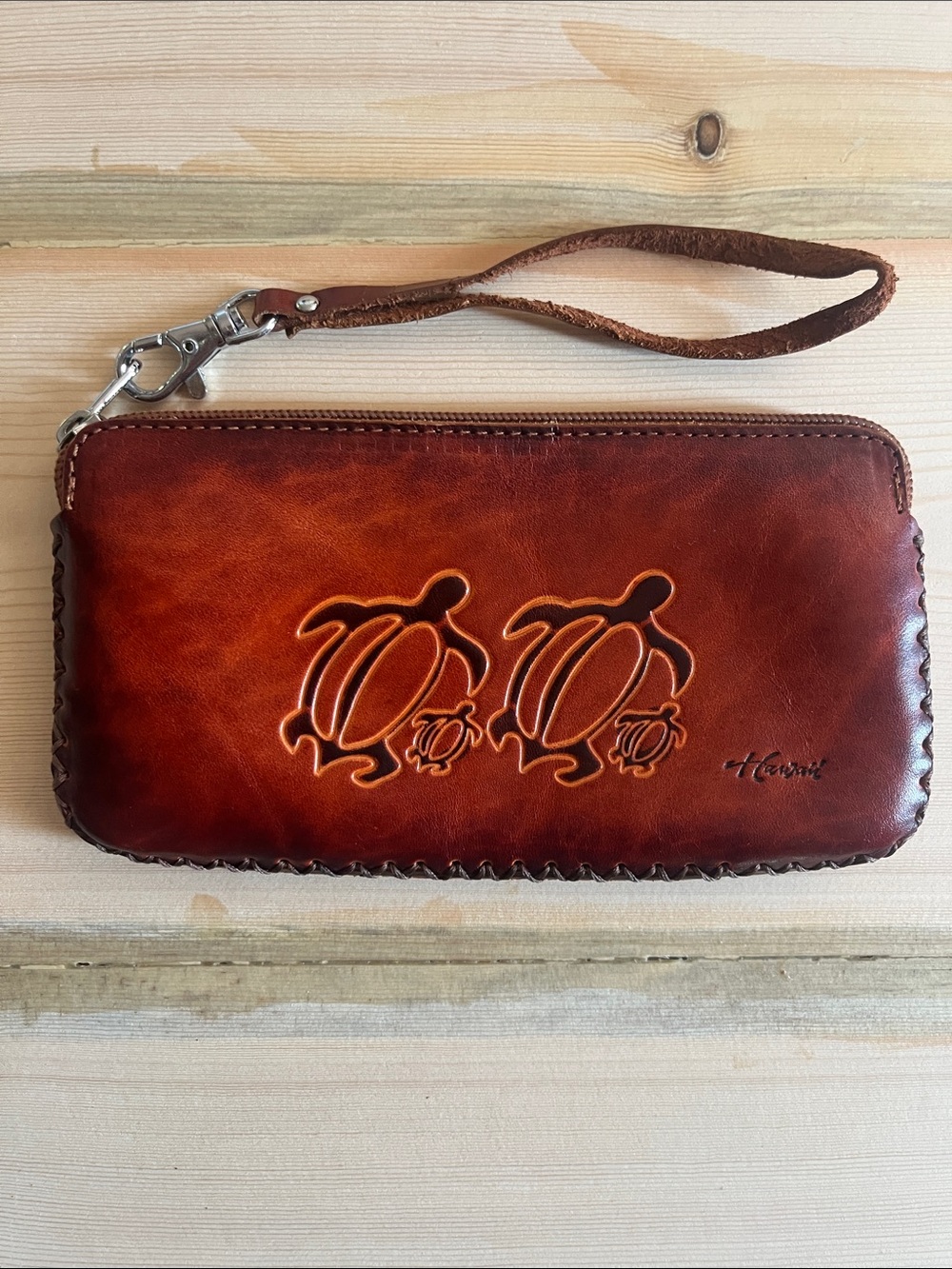Brown Leather Wristlet Wallet with Honu Sea Turtle Motif